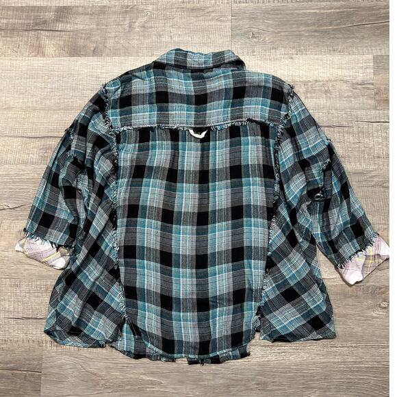 Free People Intimately Medium Flannel Button Up Shirt Distressed Oversized Plaid - Picture 2 of 6